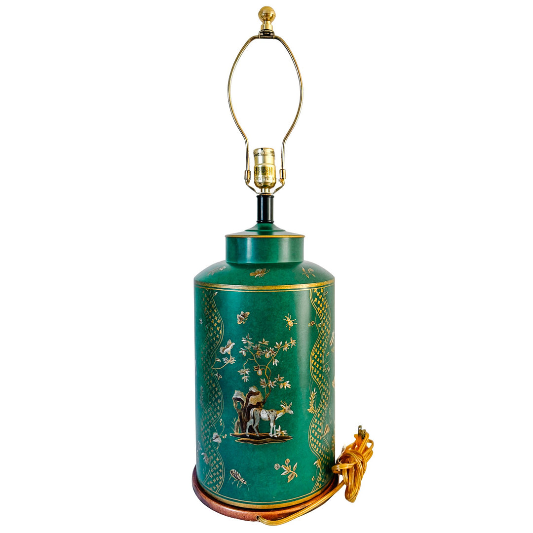 Large Frederick Cooper Emerald Green Hand-Painted Green Tole Chinoiserie Table Lamps