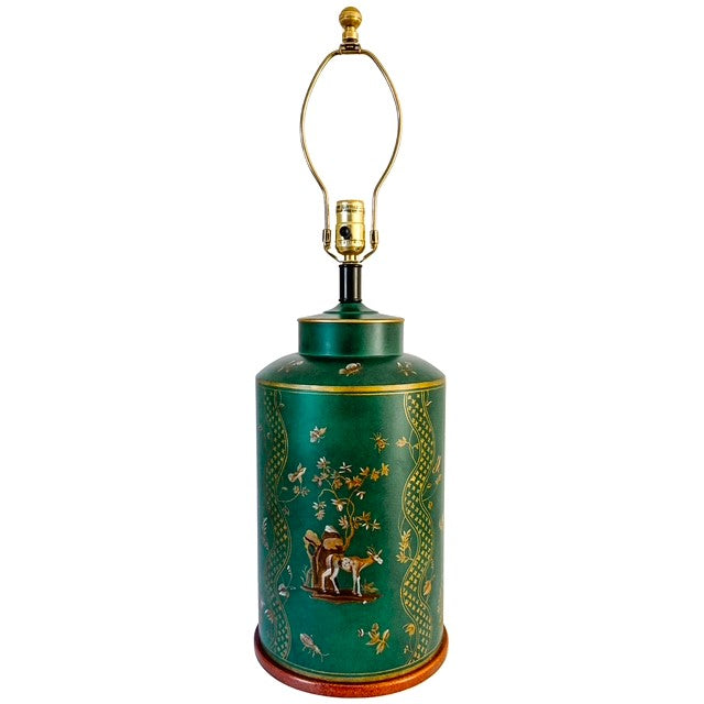 Large Frederick Cooper Emerald Green Hand-Painted Green Tole Chinoiserie Table Lamps
