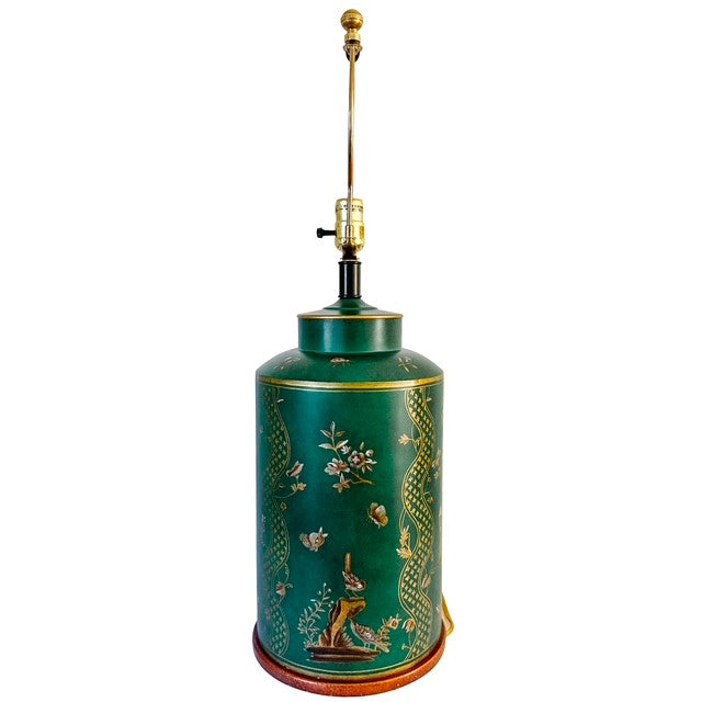 Large Frederick Cooper Emerald Green Hand-Painted Green Tole Chinoiserie Table Lamps