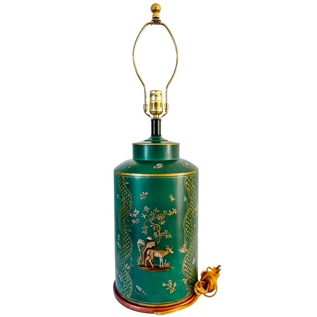 Large Frederick Cooper Emerald Green Hand-Painted Green Tole Chinoiserie Table Lamps