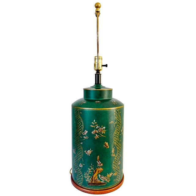 Large Frederick Cooper Emerald Green Hand-Painted Green Tole Chinoiserie Table Lamps