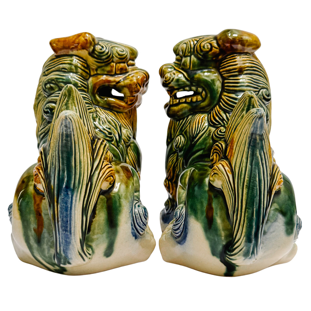 Large Polychrome Chinese Glazed Ceramic Foo Dog Figurines