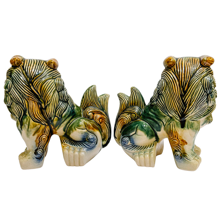 Large Polychrome Chinese Glazed Ceramic Foo Dog Figurines