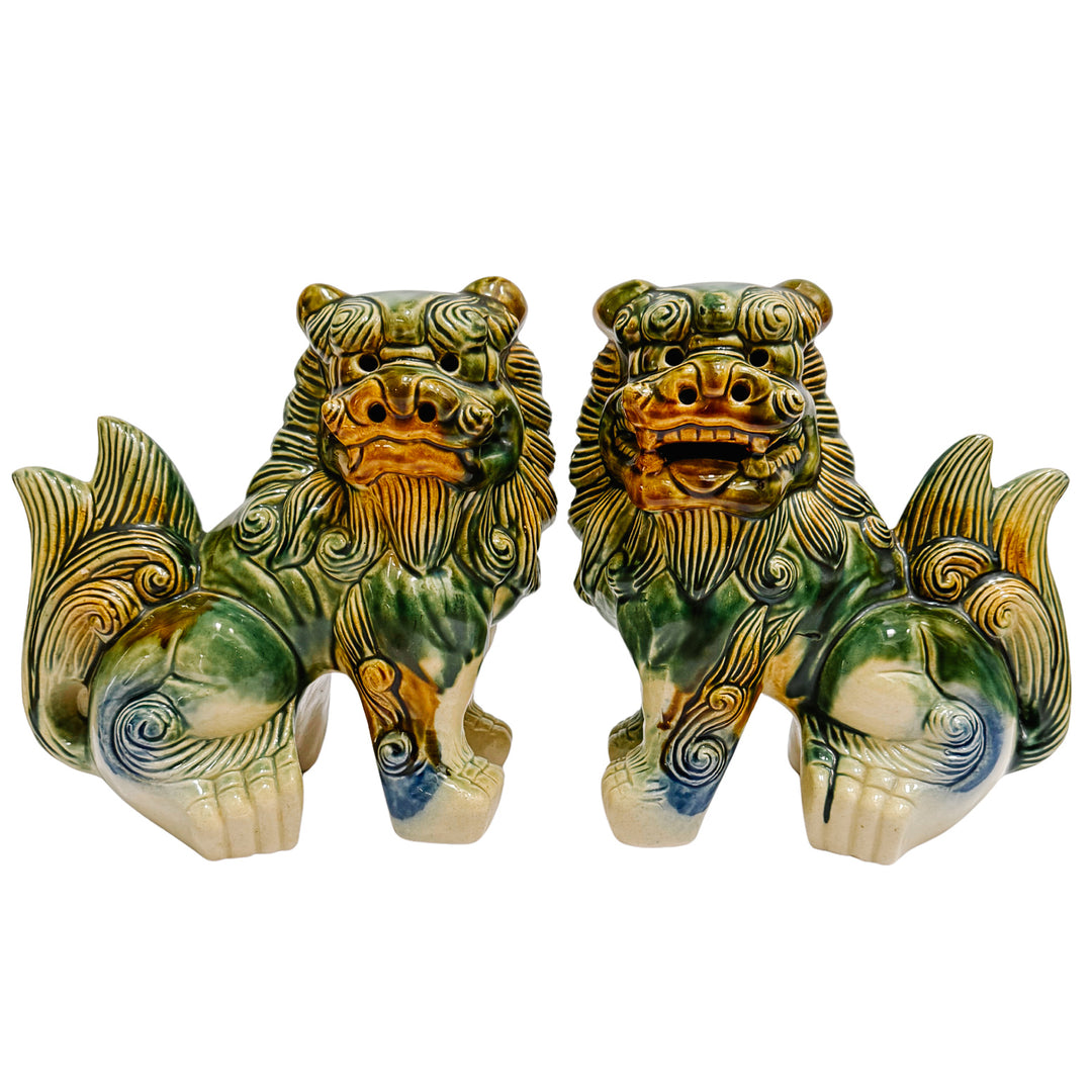 Large Polychrome Chinese Glazed Ceramic Foo Dog Figurines