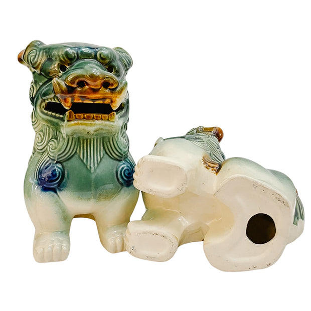 Large Green & Blue Glazed Ceramic Foo Dog Figurines