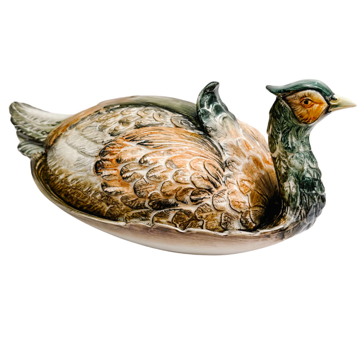 Large Italian Hand-Painted Pheasant Lidded Serving Platter