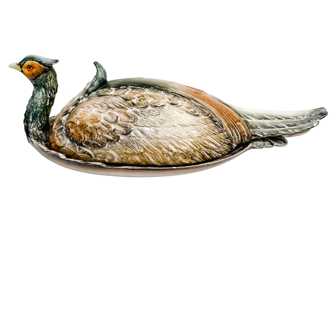 Large Italian Hand-Painted Pheasant Lidded Serving Platter