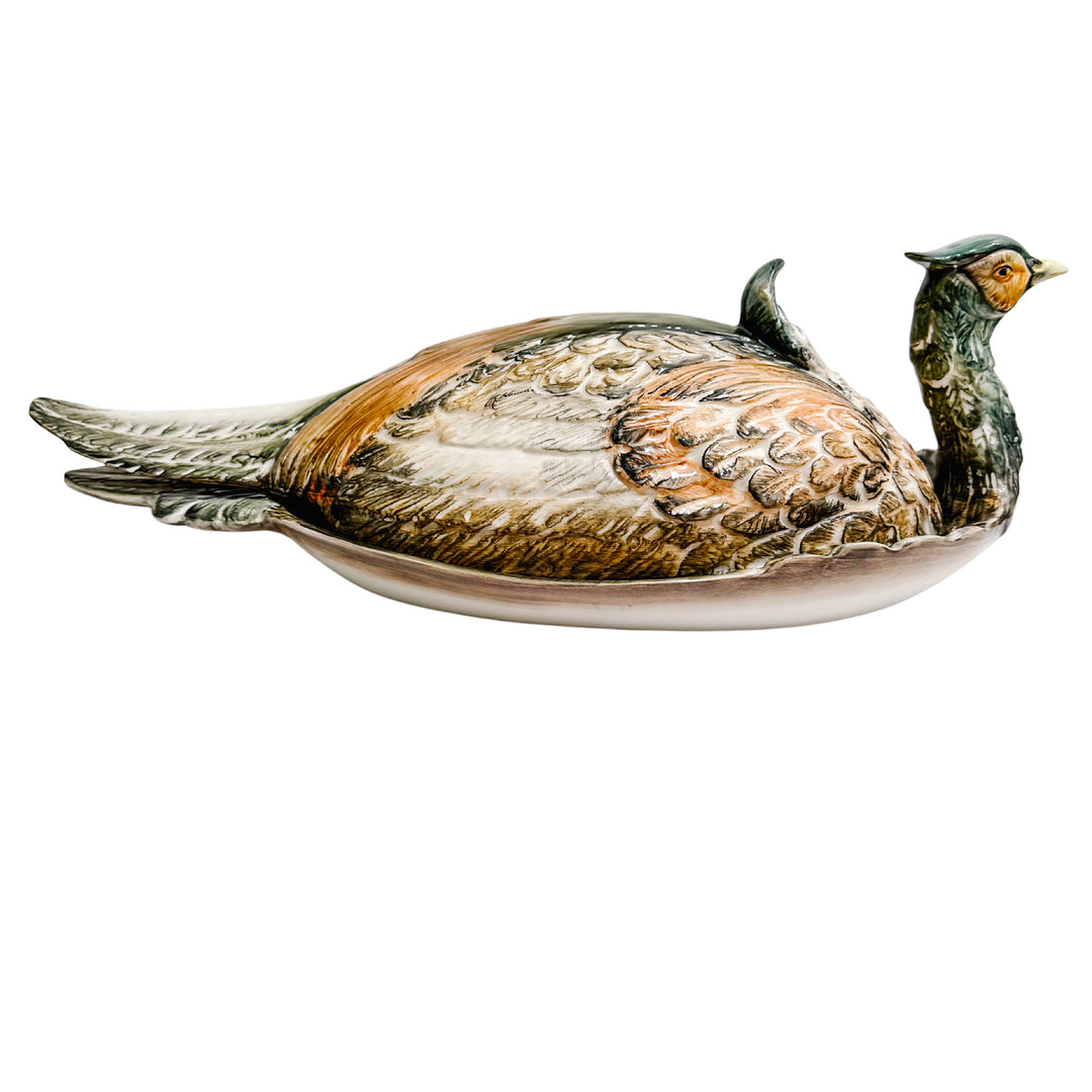 Large Italian Hand-Painted Pheasant Lidded Serving Platter