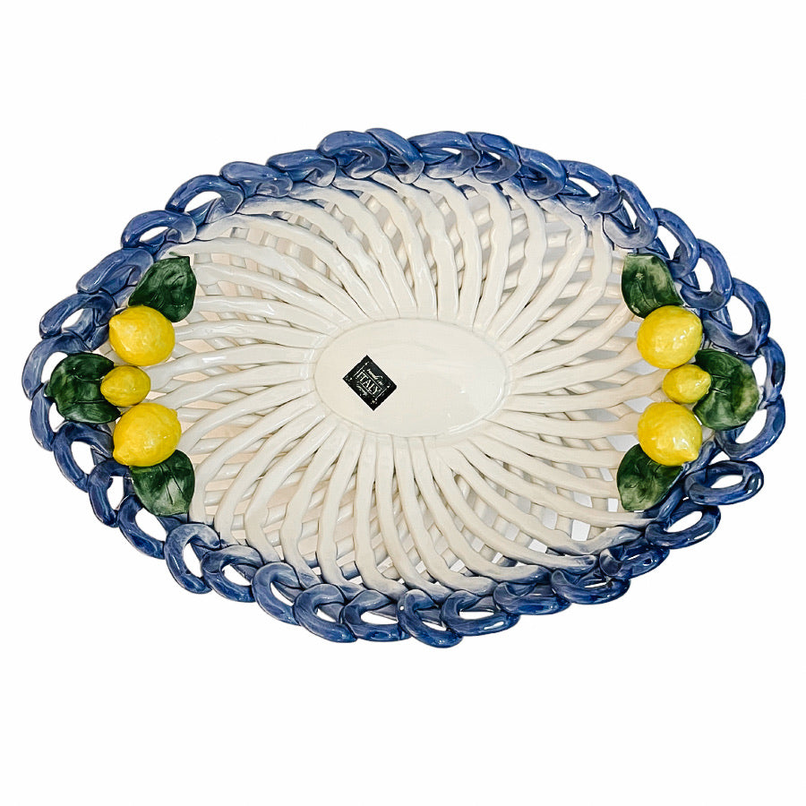 Large Italian Hand-Painted Ceramic Basket Tray With Lemons