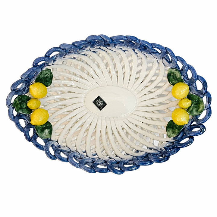 Large Italian Hand-Painted Ceramic Basket Tray With Lemons