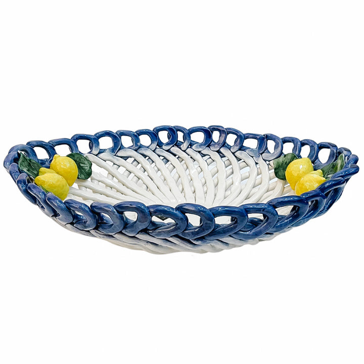 Large Italian Hand-Painted Ceramic Basket Tray With Lemons