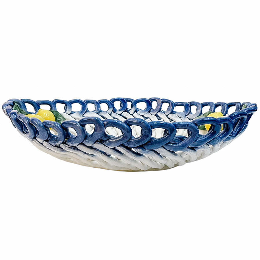 Large Italian Hand-Painted Ceramic Basket Tray With Lemons