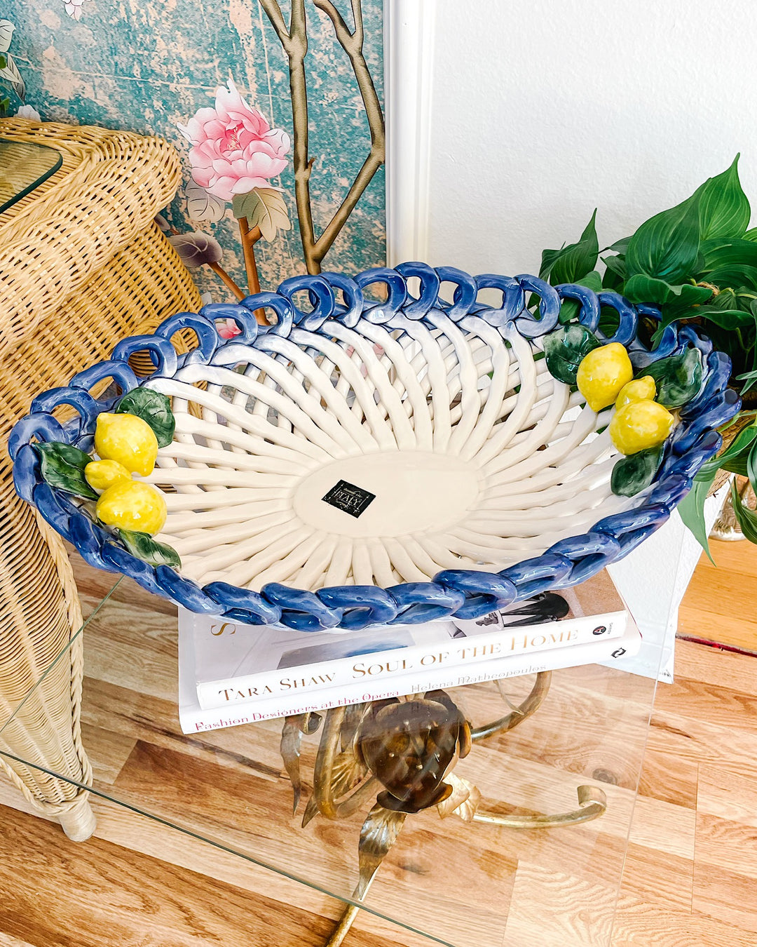 Large Italian Hand-Painted Ceramic Basket Tray With Lemons