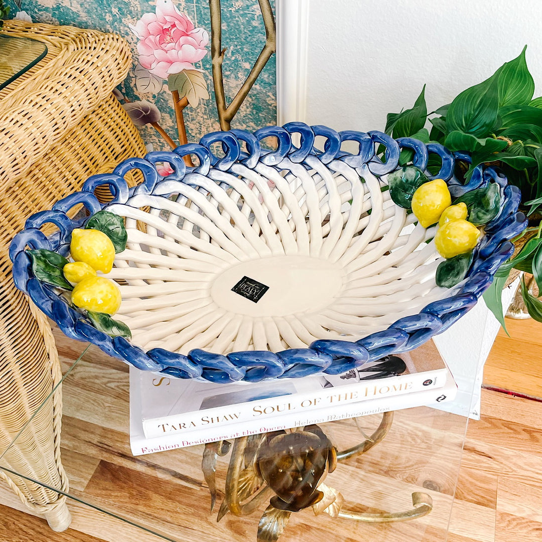 Large Italian Hand-Painted Ceramic Basket Tray With Lemons