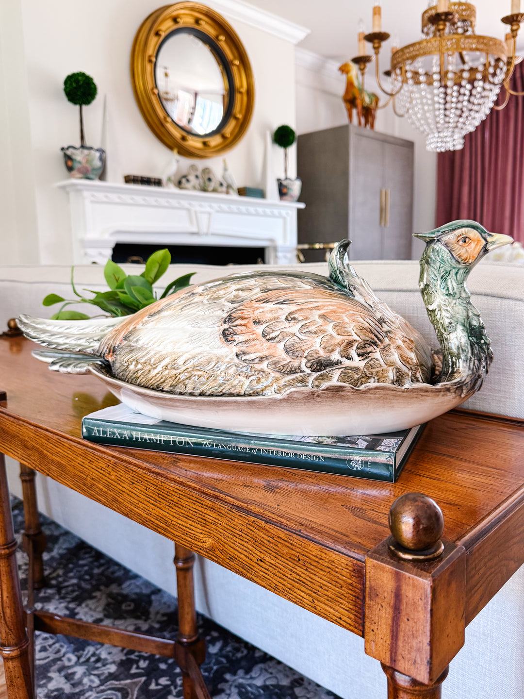 Large Italian Hand-Painted Pheasant Lidded Serving Platter