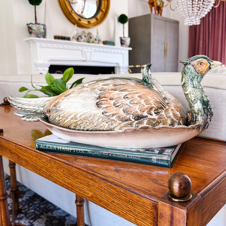 Large Italian Hand-Painted Pheasant Lidded Serving Platter