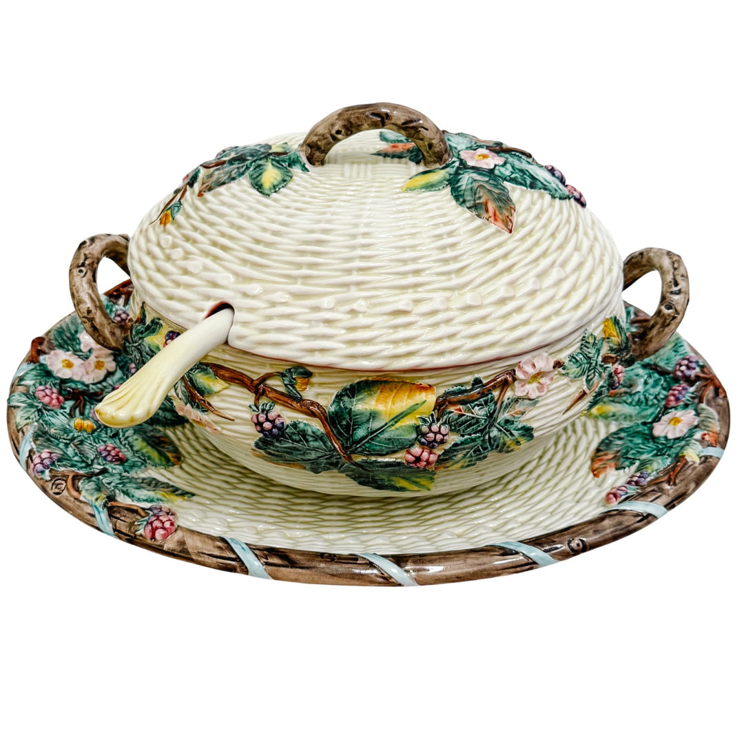 X-Large Italian Majolica Soup Tureen Set – Hand-Painted Blackberry & Basketweave Motif