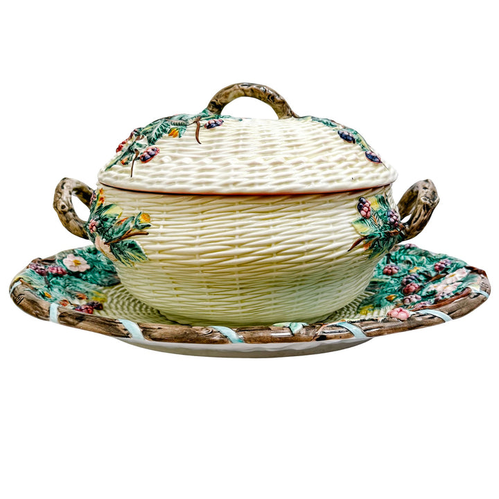 X-Large Italian Majolica Soup Tureen Set – Hand-Painted Blackberry & Basketweave Motif