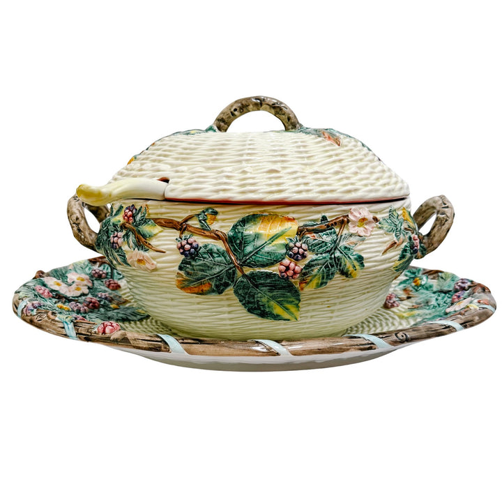 X-Large Italian Majolica Soup Tureen Set – Hand-Painted Blackberry & Basketweave Motif