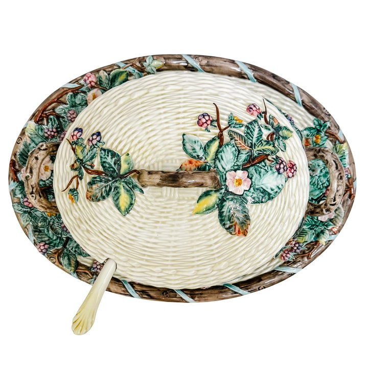 X-Large Italian Majolica Soup Tureen Set – Hand-Painted Blackberry & Basketweave Motif