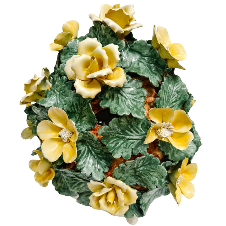 Large Italian Majolica Yellow Roses Basket Topiary Centerpiece