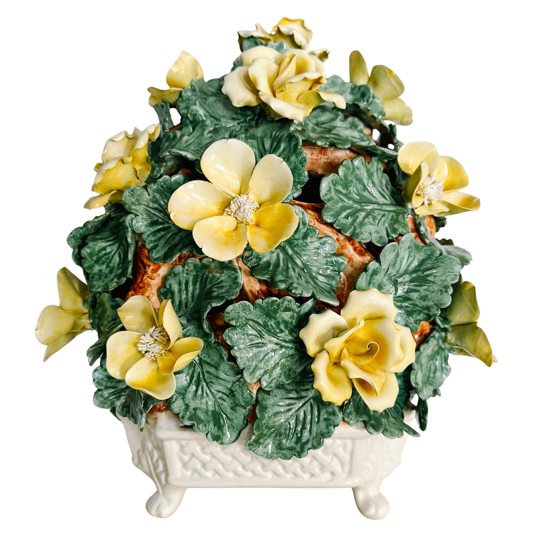 Large Italian Majolica Yellow Roses Basket Topiary Centerpiece