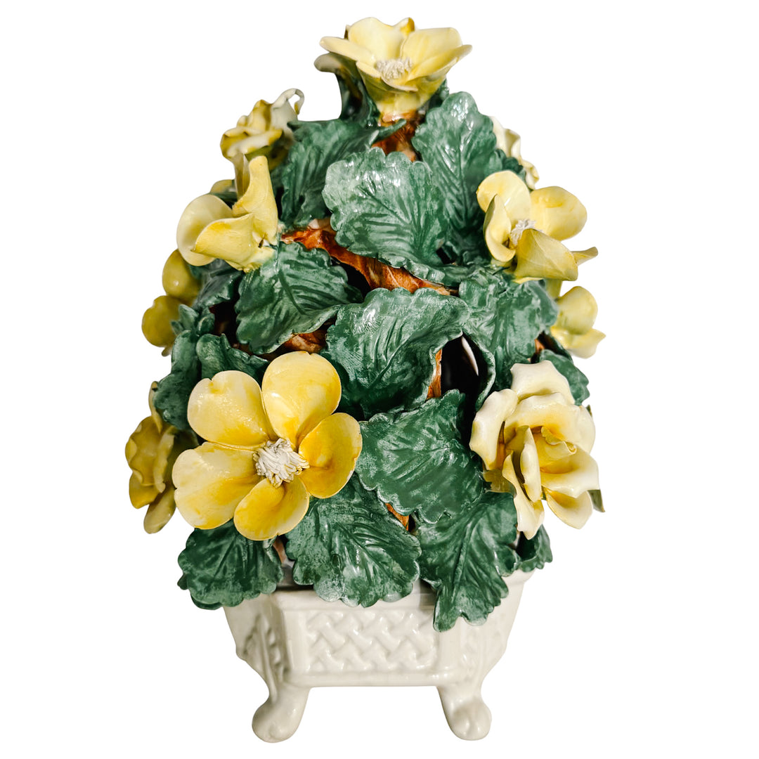 Large Italian Majolica Yellow Roses Basket Topiary Centerpiece