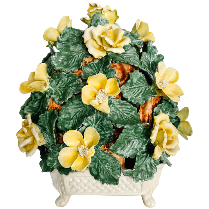 Large Italian Majolica Yellow Roses Basket Topiary Centerpiece