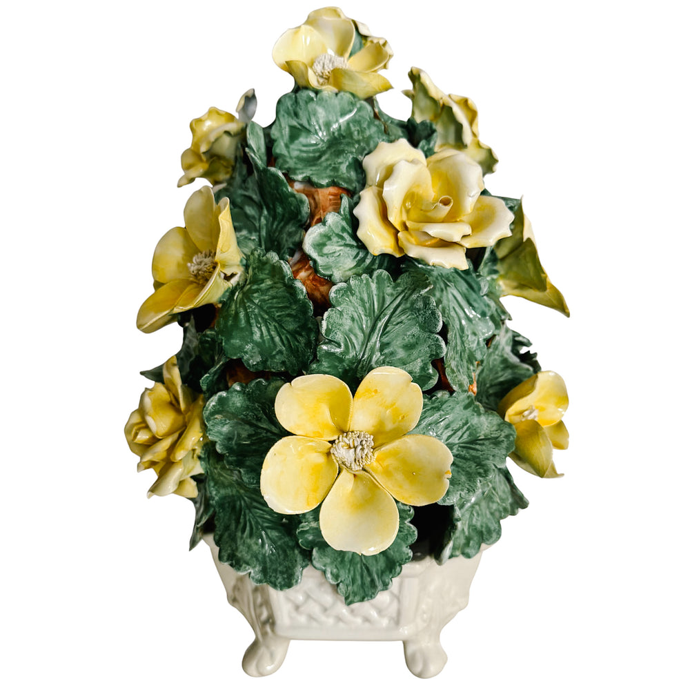 Large Italian Majolica Yellow Roses Basket Topiary Centerpiece