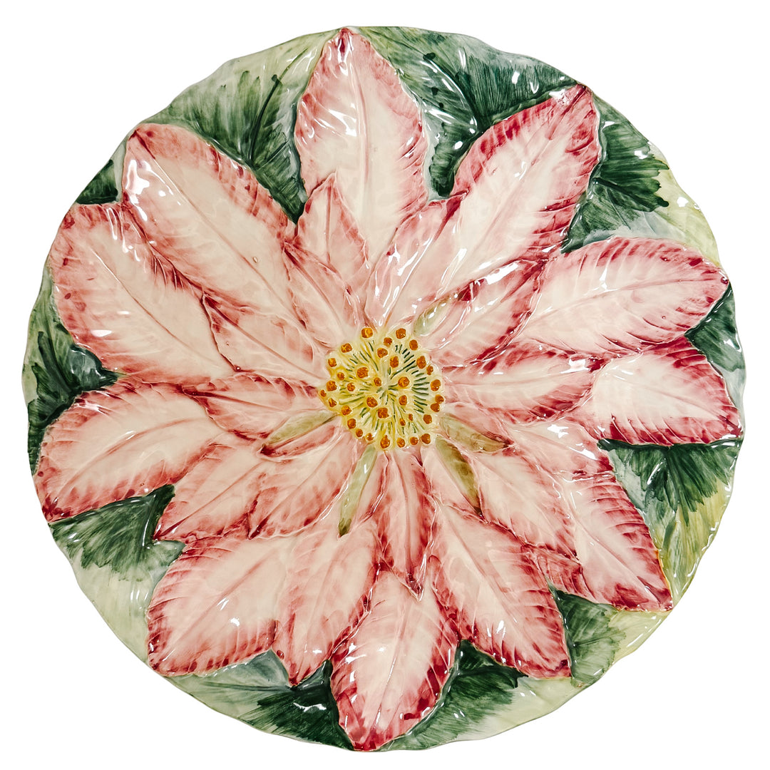 Large Italian Pink Poinsettia Majolica Plate