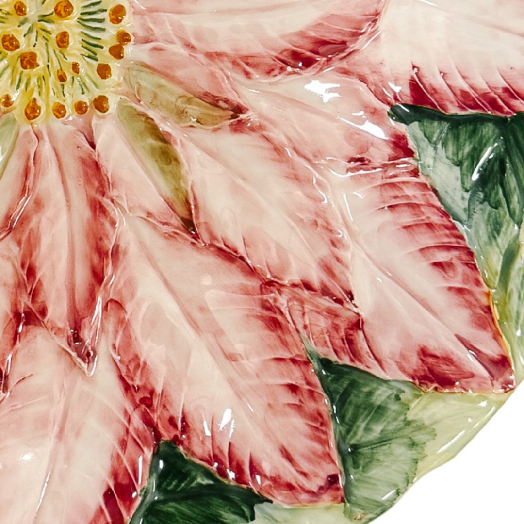 Large Nove Italy Pink Poinsettia Majolica Plate