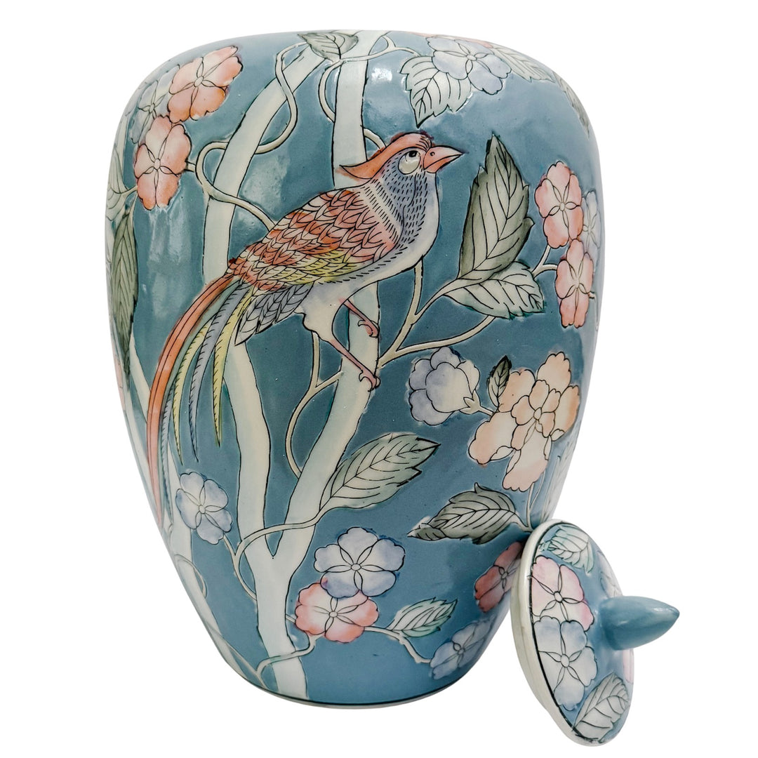 Large Chinoiserie Blue Ginger Jar with Birds of Paradise & Peonies
