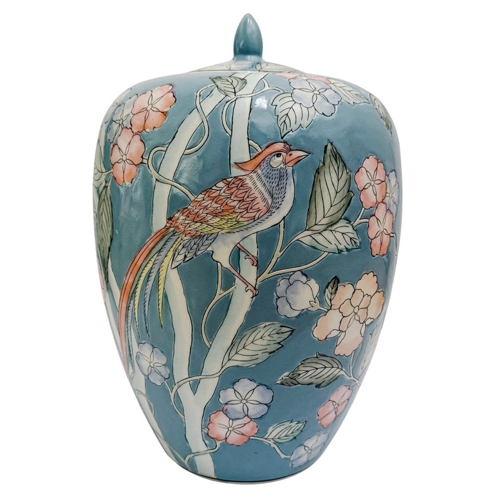 Large Chinoiserie Blue Ginger Jar with Birds of Paradise & Peonies