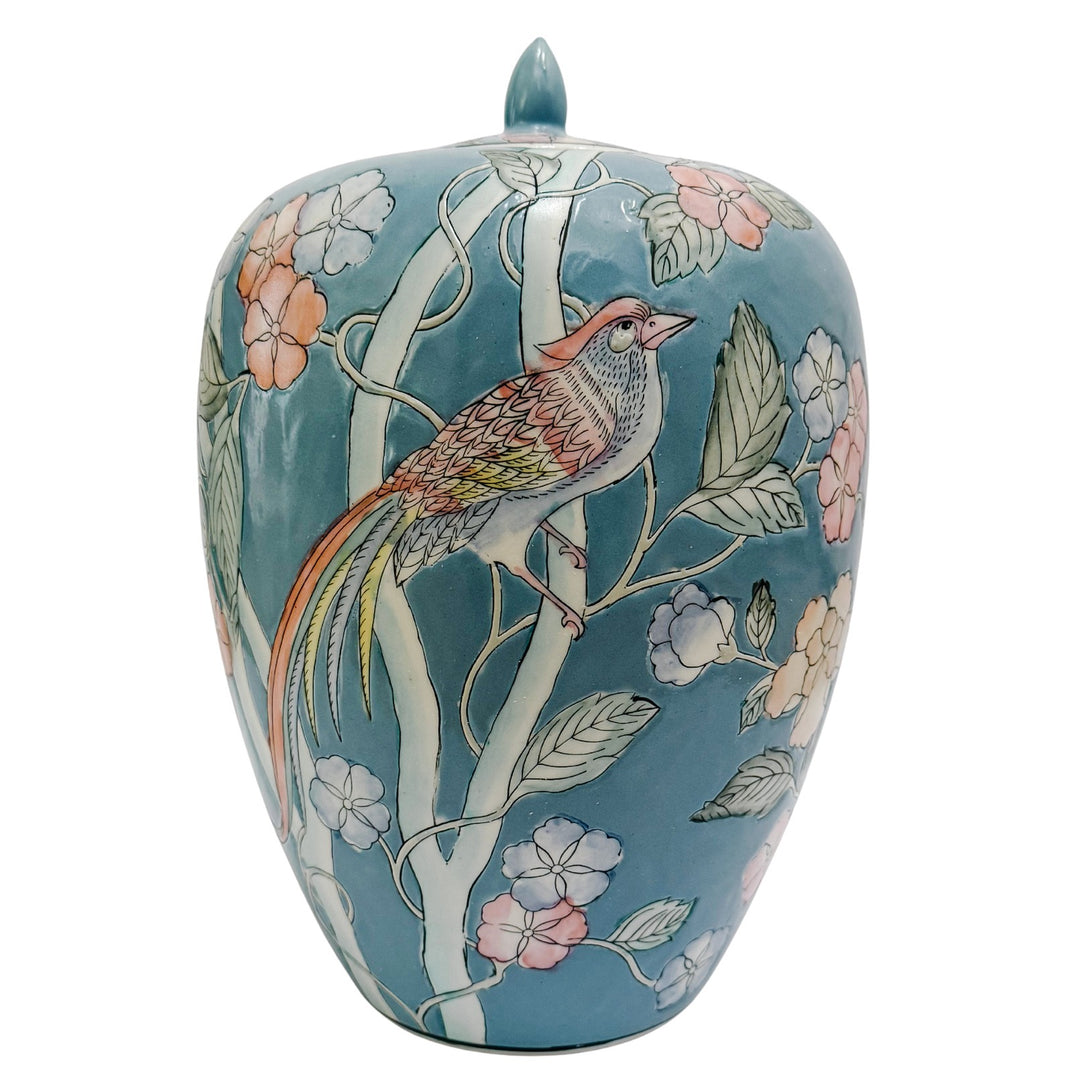 Large Chinoiserie Blue Ginger Jar with Birds of Paradise & Peonies