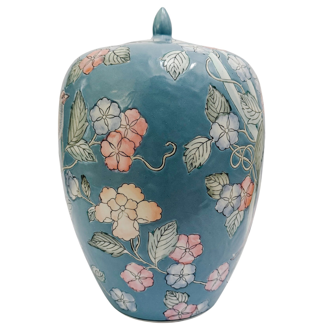 Large Chinoiserie Blue Ginger Jar with Birds of Paradise & Peonies