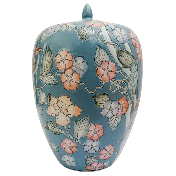 Large Chinoiserie Blue Ginger Jar with Birds of Paradise & Peonies