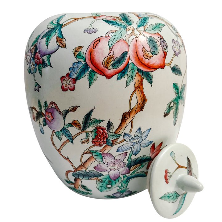 Large Mint Green Chinoiserie Jar With Peaches and Birds