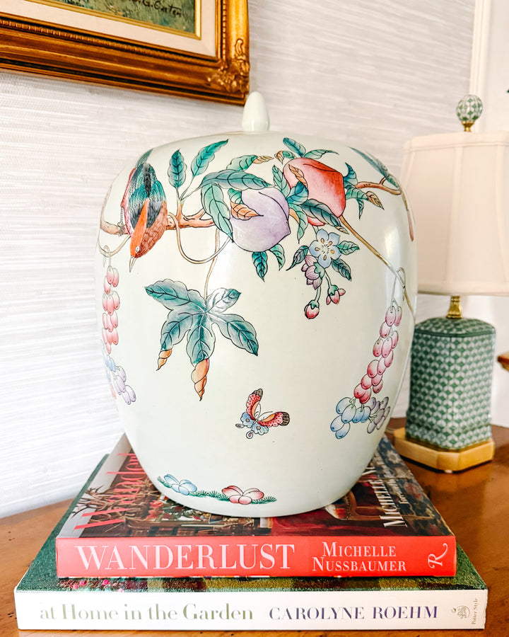 Large Mint Green Chinoiserie Jar With Peaches and Birds