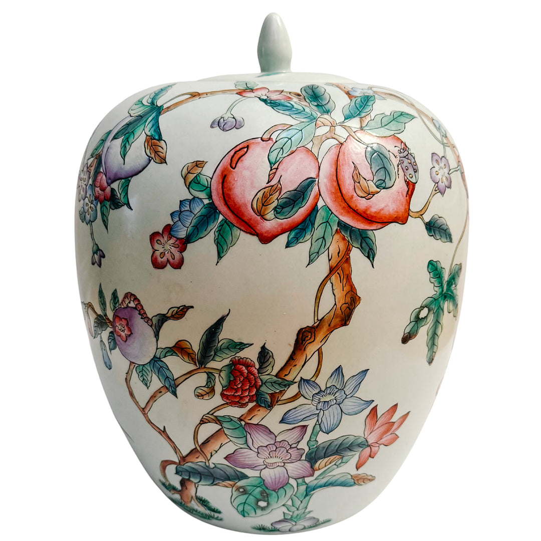 Large Mint Green Chinoiserie Jar With Peaches and Birds