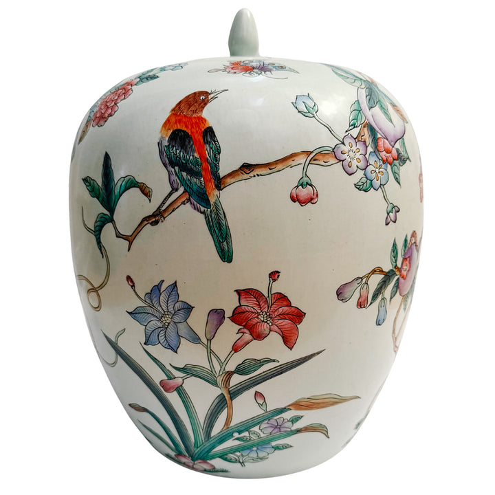 Large Mint Green Chinoiserie Jar With Peaches and Birds
