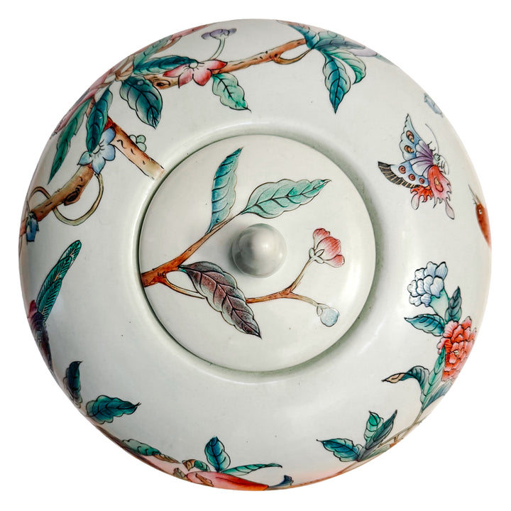 Large Mint Green Chinoiserie Jar With Peaches and Birds