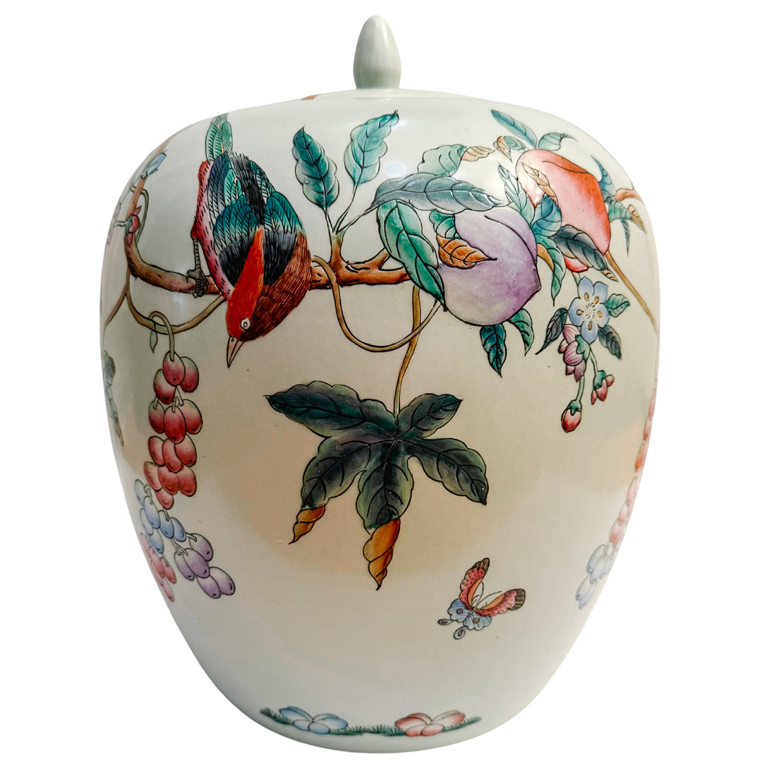 Large Mint Green Chinoiserie Jar With Peaches and Birds