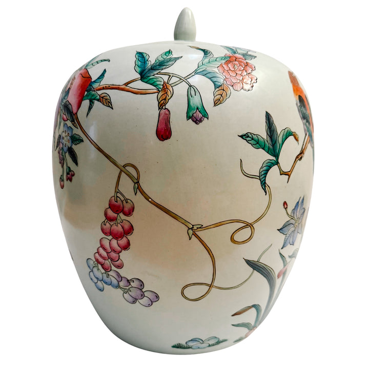 Large Mint Green Chinoiserie Jar With Peaches and Birds