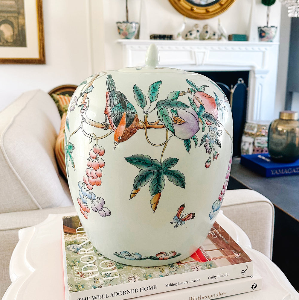 Large Mint Green Chinoiserie Jar With Peaches and Birds