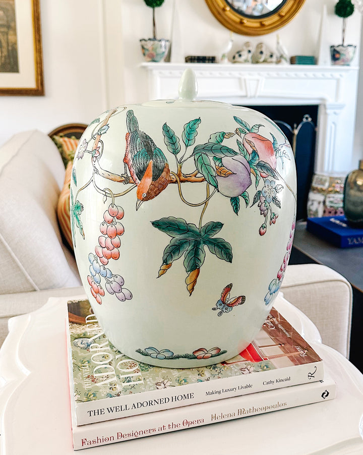 Large Mint Green Chinoiserie Jar With Peaches and Birds