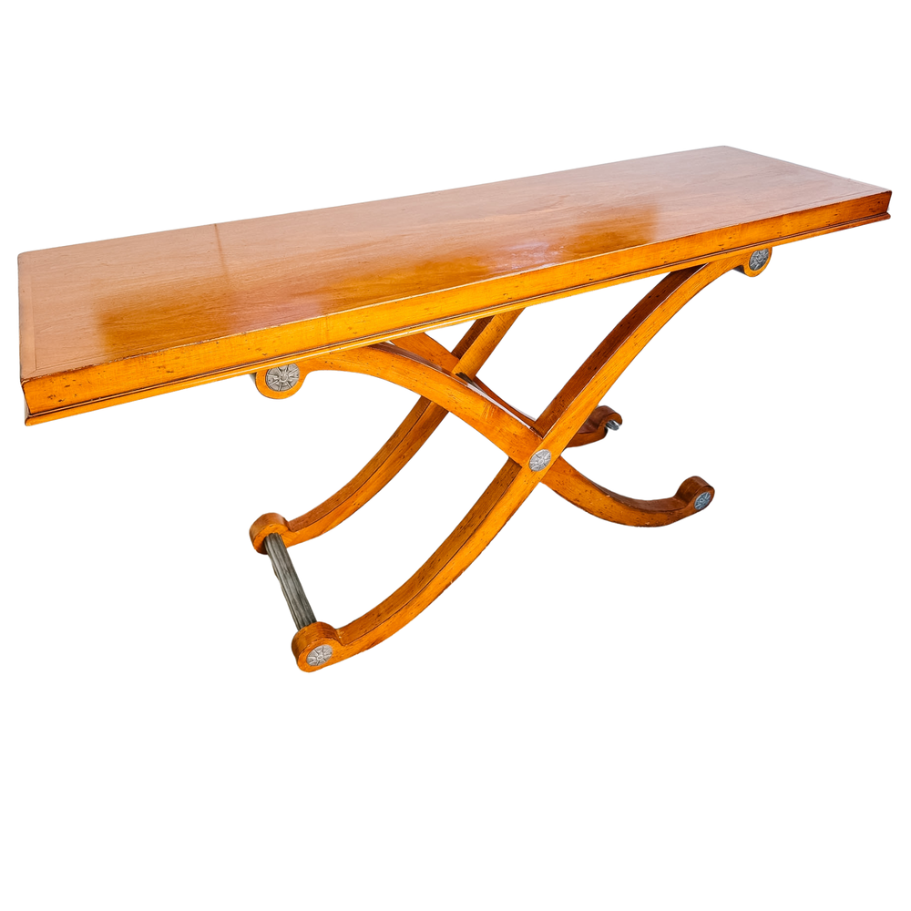 Large Neoclassical Curule Console Table With Fluted Pewter-Tone Accents