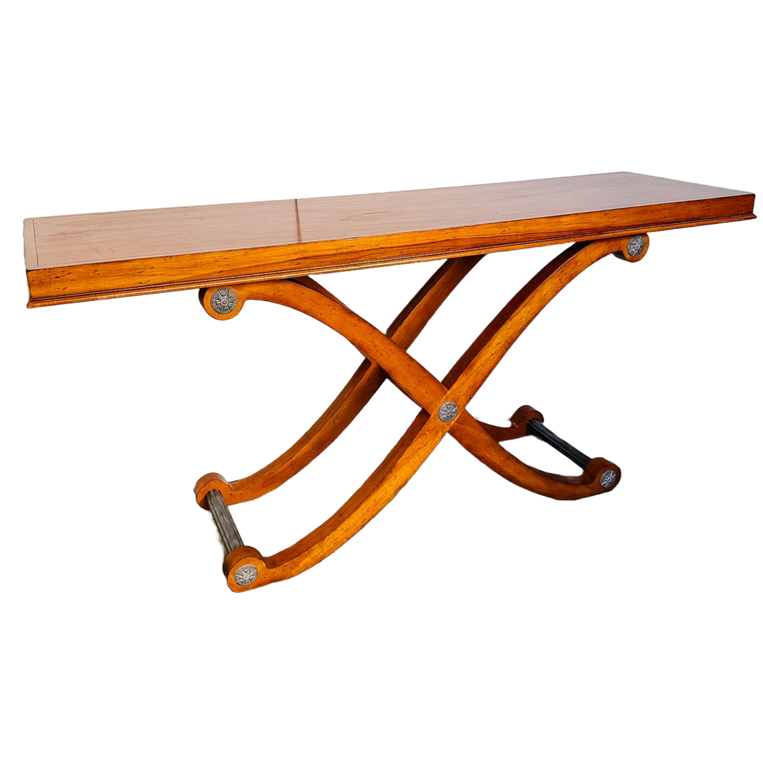 Large Neoclassical Curule Console Table With Fluted Pewter-Tone Accents