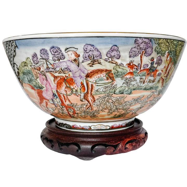 Large Porcelain Fox Hunt Punch Bowl with Carved Wood Stand (5)