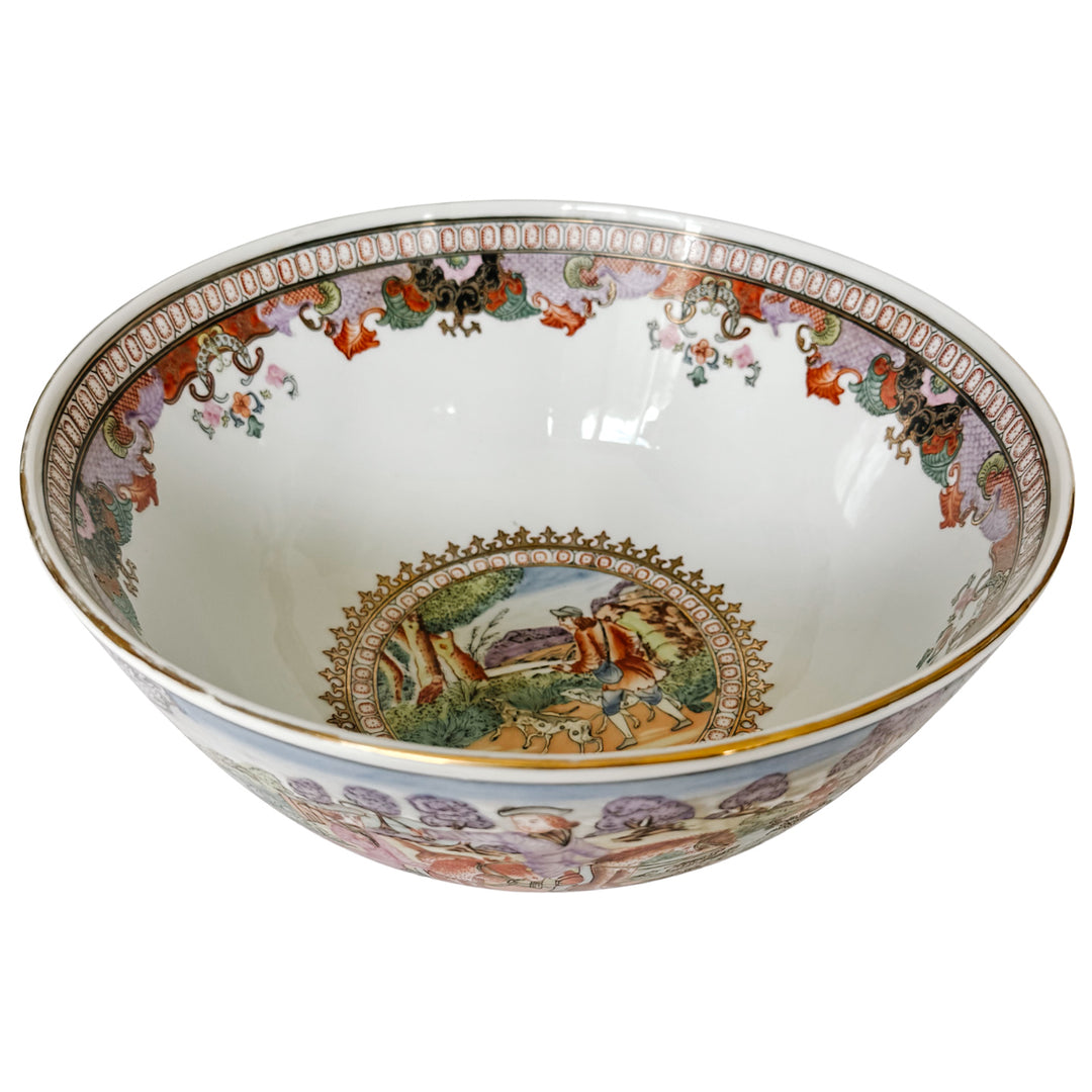 Large Porcelain Fox Hunt Punch Bowl with Carved Wood Stand (5)