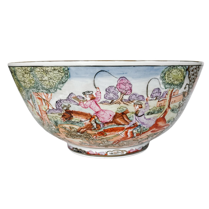 Large Porcelain Fox Hunt Punch Bowl with Carved Wood Stand (5)